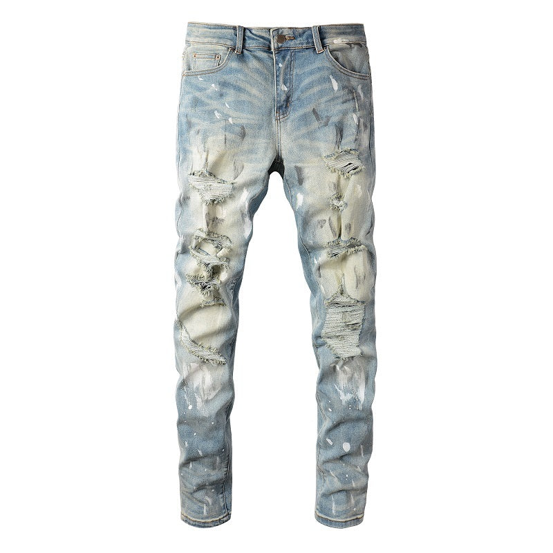 Torn Graffiti Old Wash Stretchy Slim Jeans Men Torn Graffiti Old Wash Stretchy Slim Jeans Men