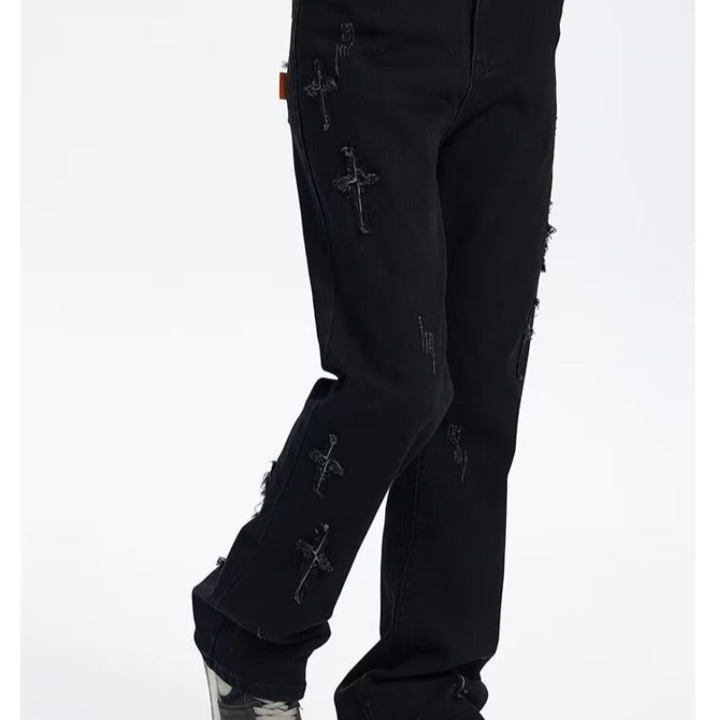 Patch Cross Star Washed American High Street Jeans Men's Loose Straight Embroidered Pants Men Patch Cross Star Washed American High Street Jeans Men's Loose Straight Embroidered Pants Men