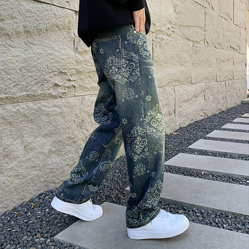 Vintage Jeans Men's Fashion Printed Loose Casual Straight Trousers Vintage Jeans Men's Fashion Printed Loose Casual Straight Trousers
