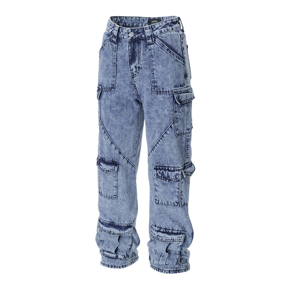 Men's Multi-pocket Functional Worn Looking Washed-out Jeans Men's Multi-pocket Functional Worn Looking Washed-out Jeans