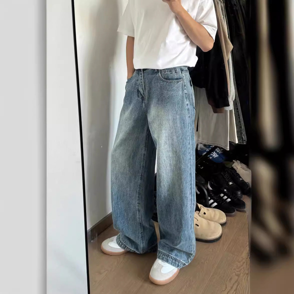 American Retro Washed Blue Wide Leg Jeans Men's Fashion Brand Cleanfit Straight All-matching Loose Casual Trousers American Retro Washed Blue Wide Leg Jeans Men's Fashion Brand Cleanfit Straight All-matching Loose Casual Trousers