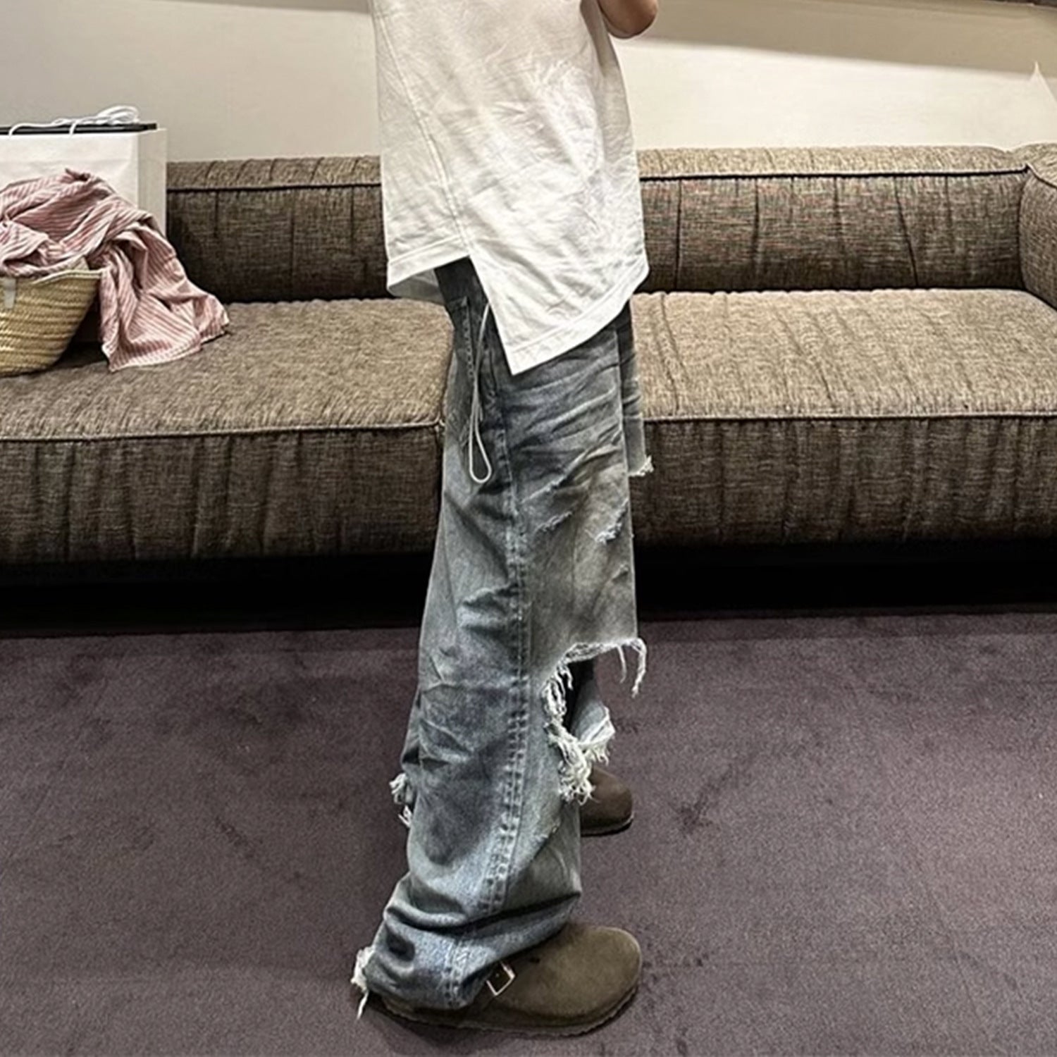 Ripped Big Ripped Men's Retro Washed Distressed Crease Texture Jeans Ripped Big Ripped Men's Retro Washed Distressed Crease Texture Jeans