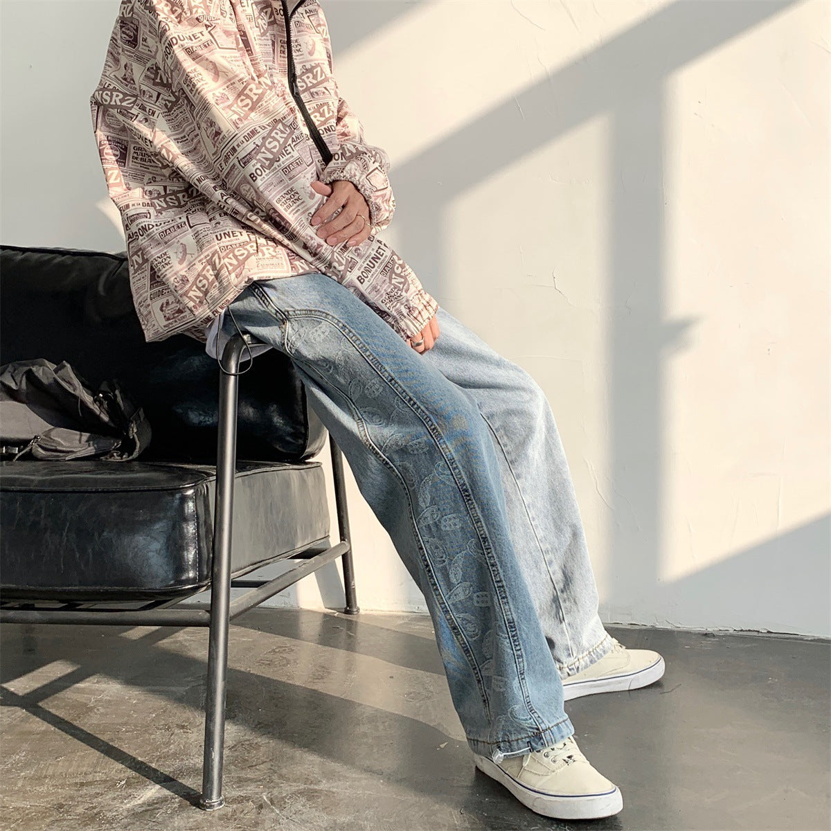 Retro Jeans Ins Men and Women Stitching Cashew Jacquard Loose Wide-leg Straight Pants Drawstring Trousers Tide Retro Jeans Ins Men and Women Stitching Cashew Jacquard Loose Wide-leg Straight Pants Drawstring Trousers Tide