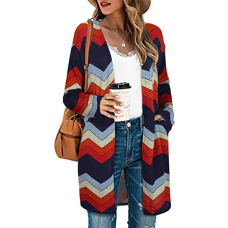 European And American Women's Jackets Striped Print Women's Cardigan Top European And American Women's Jackets Striped Print Women's Cardigan Top