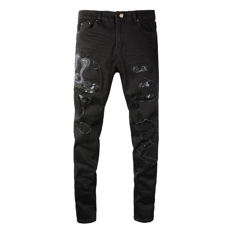 Broken Three Headed Snake Embroidery Patchwork Jeans For Men Broken Three Headed Snake Embroidery Patchwork Jeans For Men
