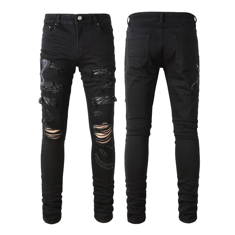Broken Three Headed Snake Embroidery Patchwork Jeans For Men Broken Three Headed Snake Embroidery Patchwork Jeans For Men