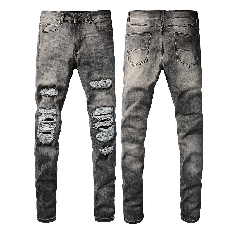 Non-mainstream Personality Patch Jeans Men's Cover Damage Gray Casual Pants Non-mainstream Personality Patch Jeans Men's Cover Damage Gray Casual Pants