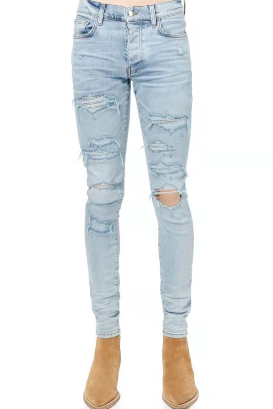 Light Colored Hot Diamond Patch With Holes In Elastic Tight Jeans For Men Light Colored Hot Diamond Patch With Holes In Elastic Tight Jeans For Men
