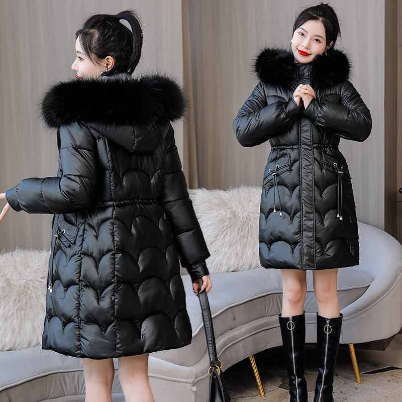 Glossy Women's Mid-length Thickened Warm Slim-fit Figure Flattering Fur Collar Cotton Clothes Glossy Women's Mid-length Thickened Warm Slim-fit Figure Flattering Fur Collar Cotton Clothes