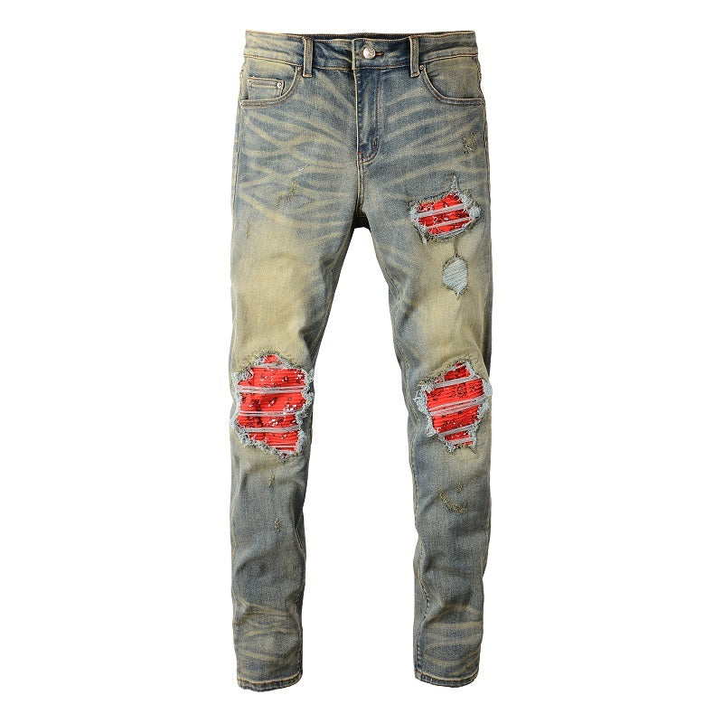 Red Printed Pleated Elastic Light Colored Jeans For Men Red Printed Pleated Elastic Light Colored Jeans For Men
