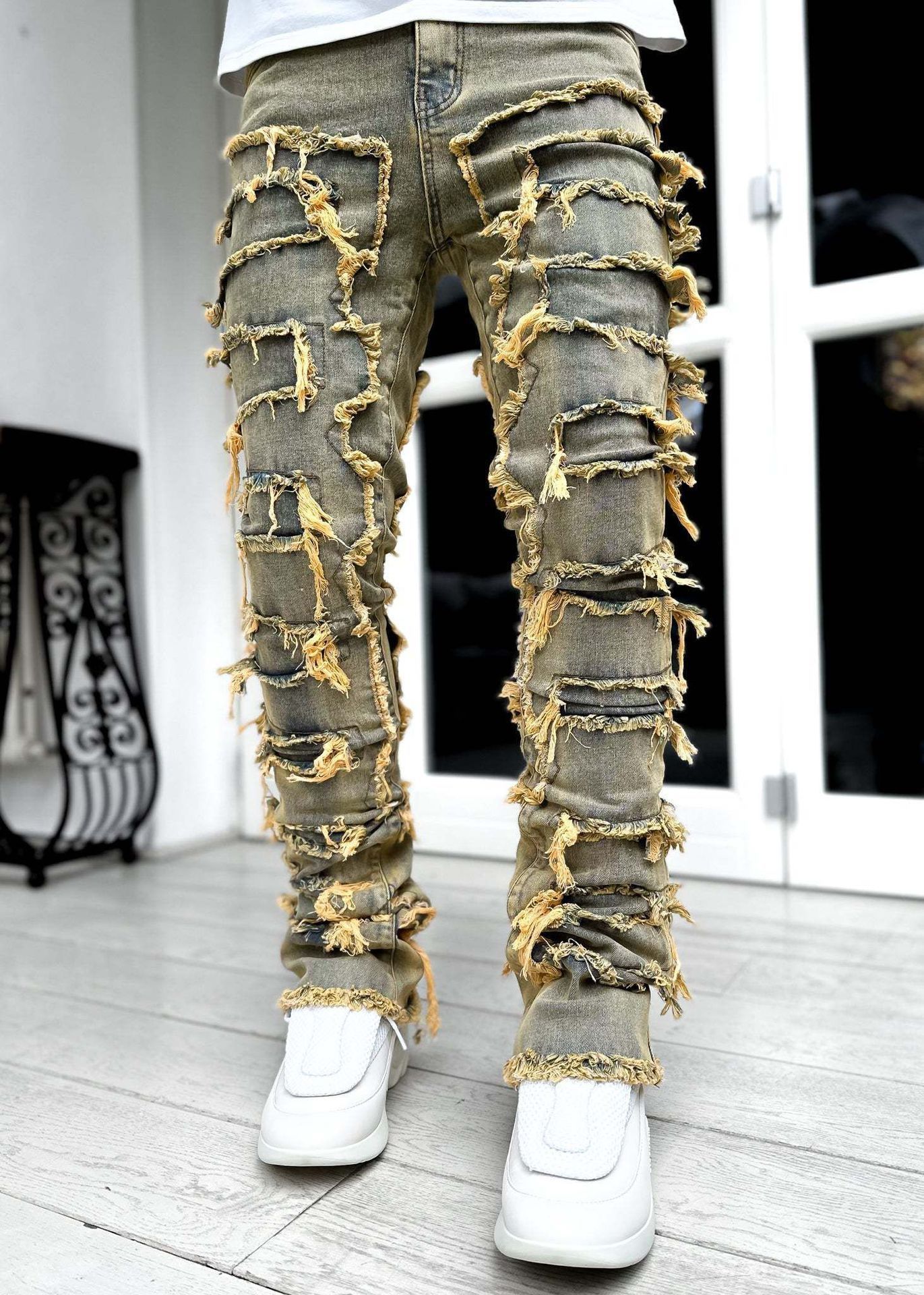 Men Trousers Individual Patched Pants Long Tight Fit Stacked Jeans For Mens Clothing Men Trousers Individual Patched Pants Long Tight Fit Stacked Jeans For Mens Clothing