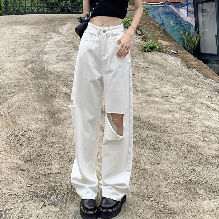 White Hole Straight Jeans Women''s Summer Ins Small Loose White Hole Straight Jeans Women''s Summer Ins Small Loose