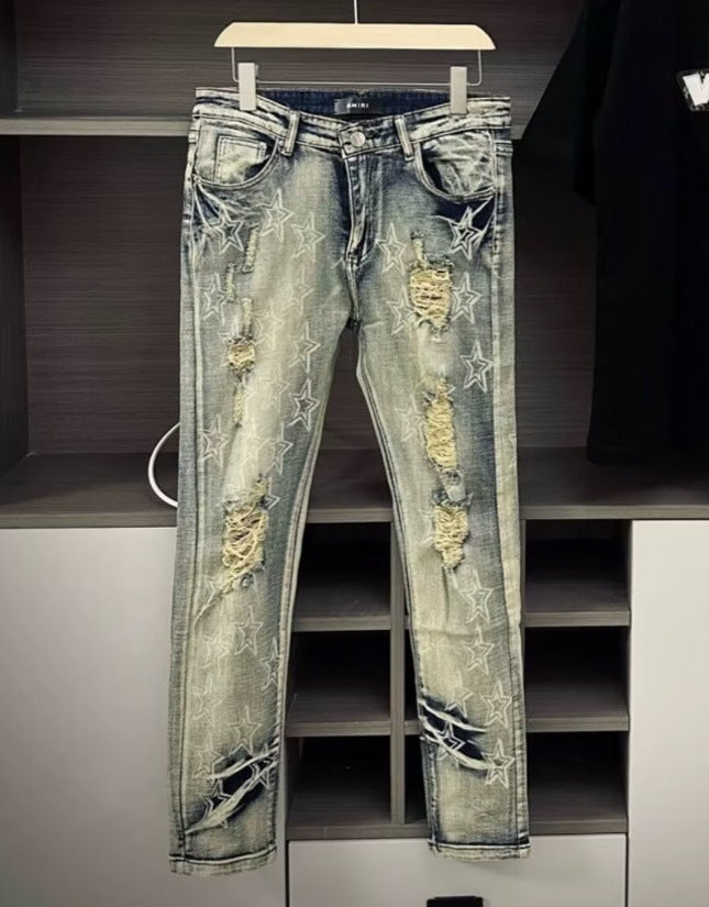 Punk Retro Blue Ripped Slim Elastic Printing Printing And Dyeing Feet Men's Jeans Punk Retro Blue Ripped Slim Elastic Printing Printing And Dyeing Feet Men's Jeans