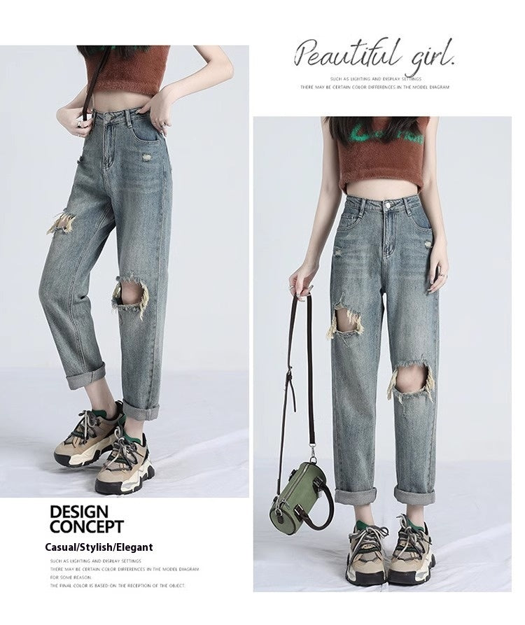 Ripped Daddy Jeans For Women Spring And Autumn 2024 New High Waist Loose Small Ripped Daddy Jeans For Women Spring And Autumn 2024 New High Waist Loose Small