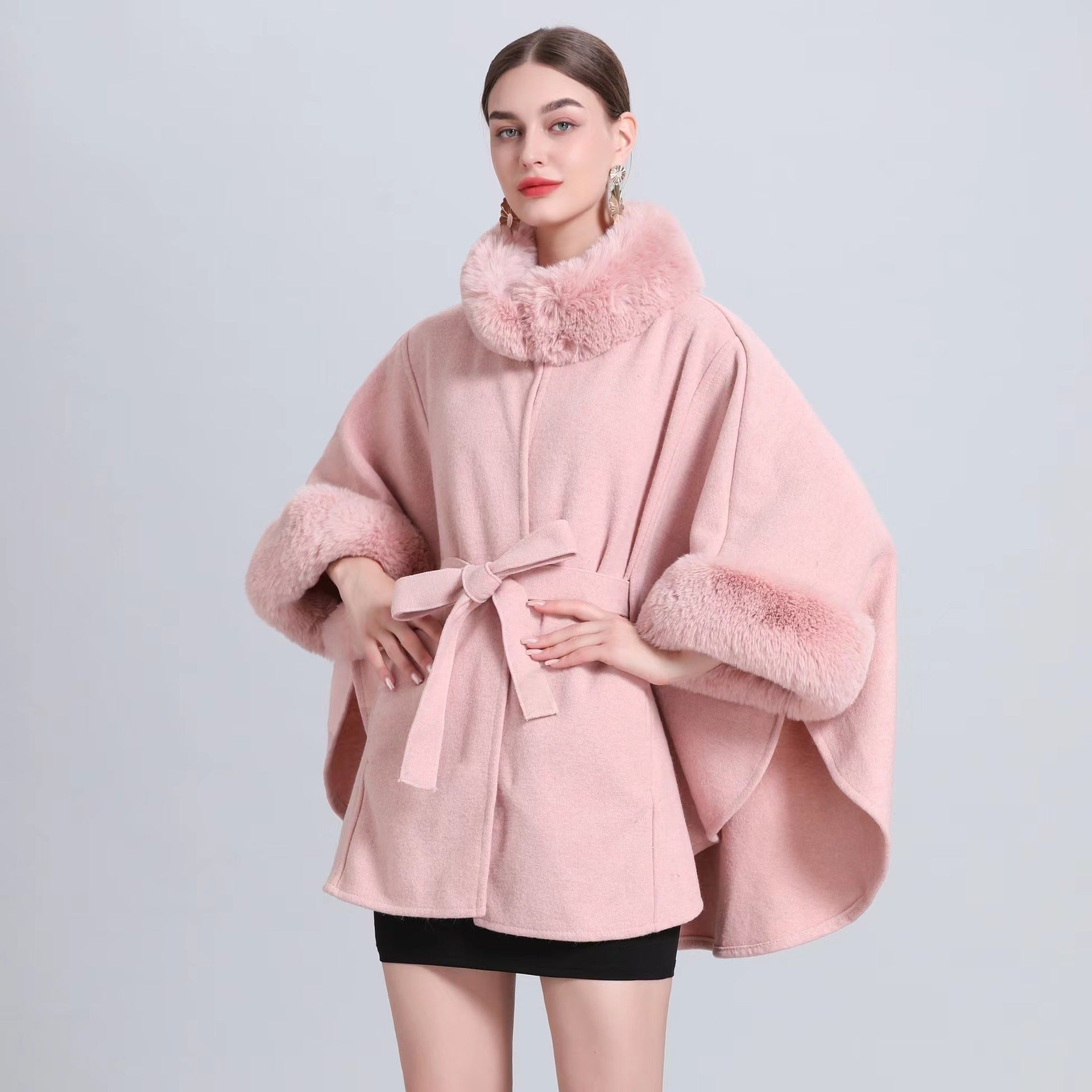 Rabbit Fur Collar Knitted Shawl Cape Lace-up Woolen Coat Rabbit Fur Collar Knitted Shawl Cape Lace-up Woolen Coat