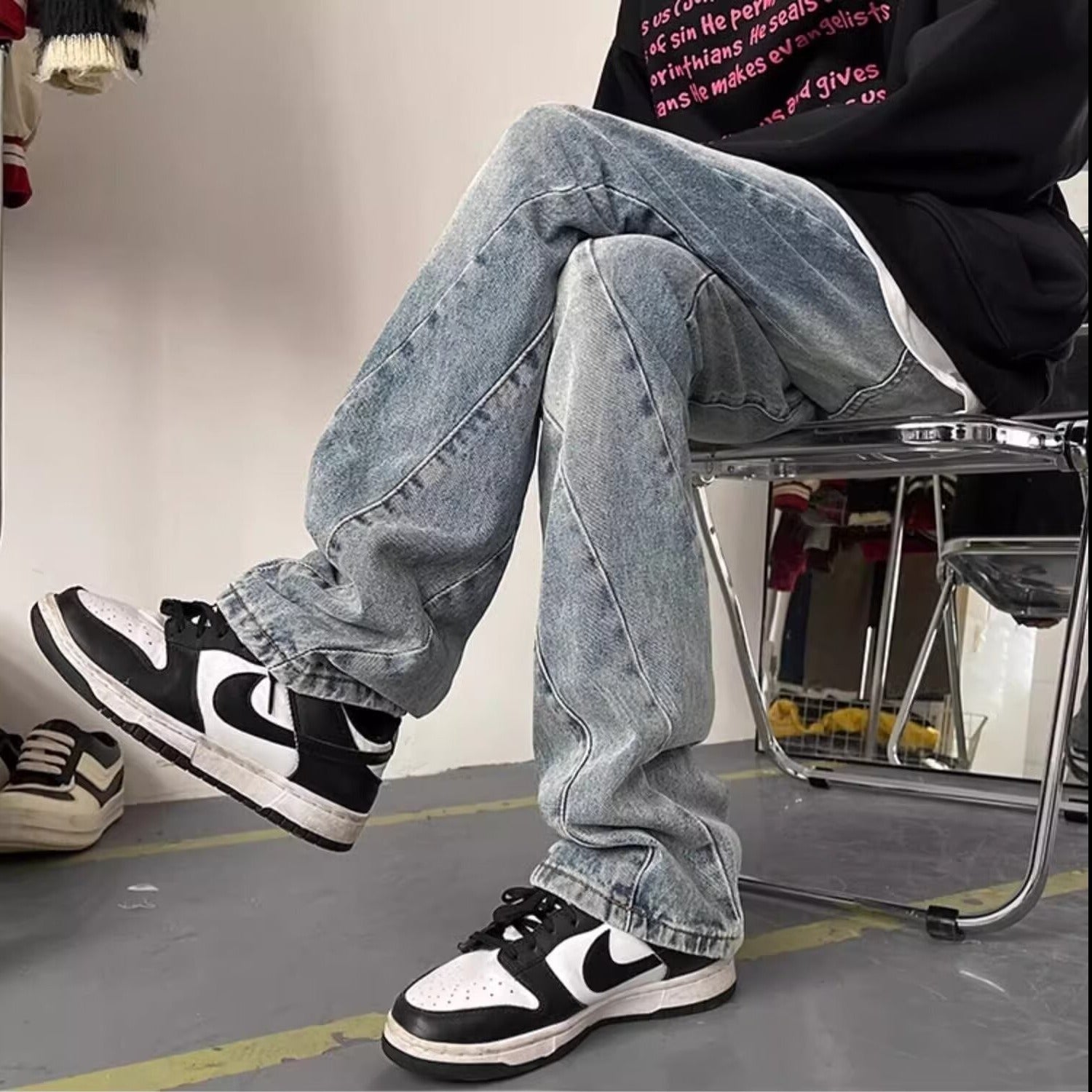 American High Street Washed Distressed 3D Cutting Jeans Men American High Street Washed Distressed 3D Cutting Jeans Men
