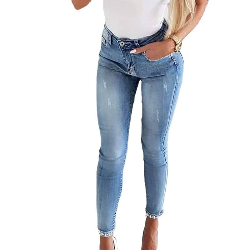 Slim Jeans Women Butterfly Sticky Flower Beaded Split Trousers Slim Jeans Women Butterfly Sticky Flower Beaded Split Trousers