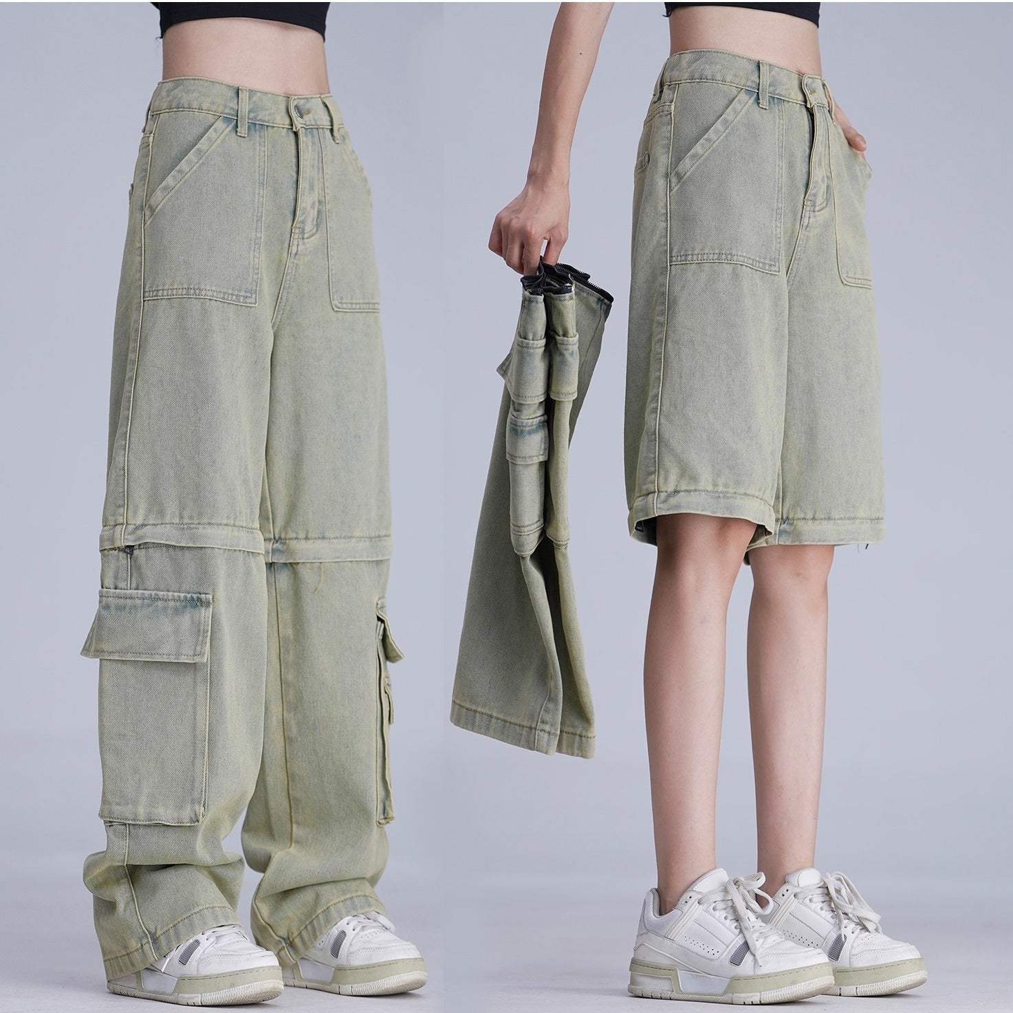 Two-way Detachable Tooling Style Worn Jeans Men And Women Two-way Detachable Tooling Style Worn Jeans Men And Women