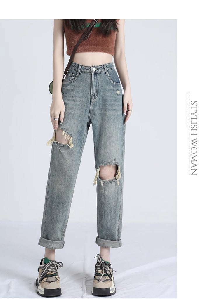 Ripped Daddy Jeans For Women Spring And Autumn 2024 New High Waist Loose Small Ripped Daddy Jeans For Women Spring And Autumn 2024 New High Waist Loose Small