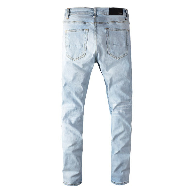 Trendy Brand Jeans Light Blue Ripped Patch Slim Fit Calf Pants Men Trendy Brand Jeans Light Blue Ripped Patch Slim Fit Calf Pants Men