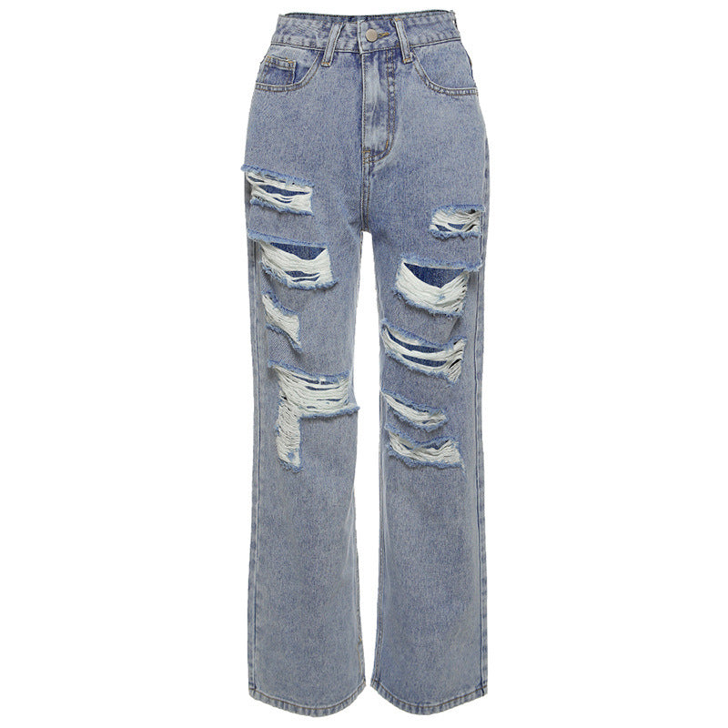 European and American Street Ripped Jeans Women Light Color High Waist European and American Street Ripped Jeans Women Light Color High Waist
