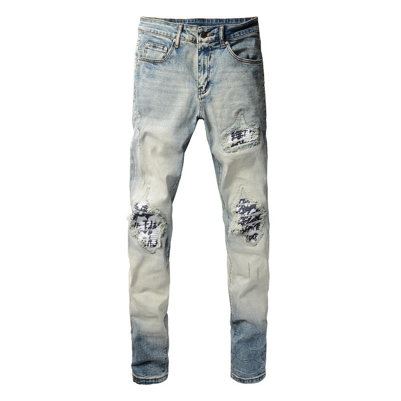 American High Street Fashionable Men's Ripped Black And White Patch Jeans American High Street Fashionable Men's Ripped Black And White Patch Jeans