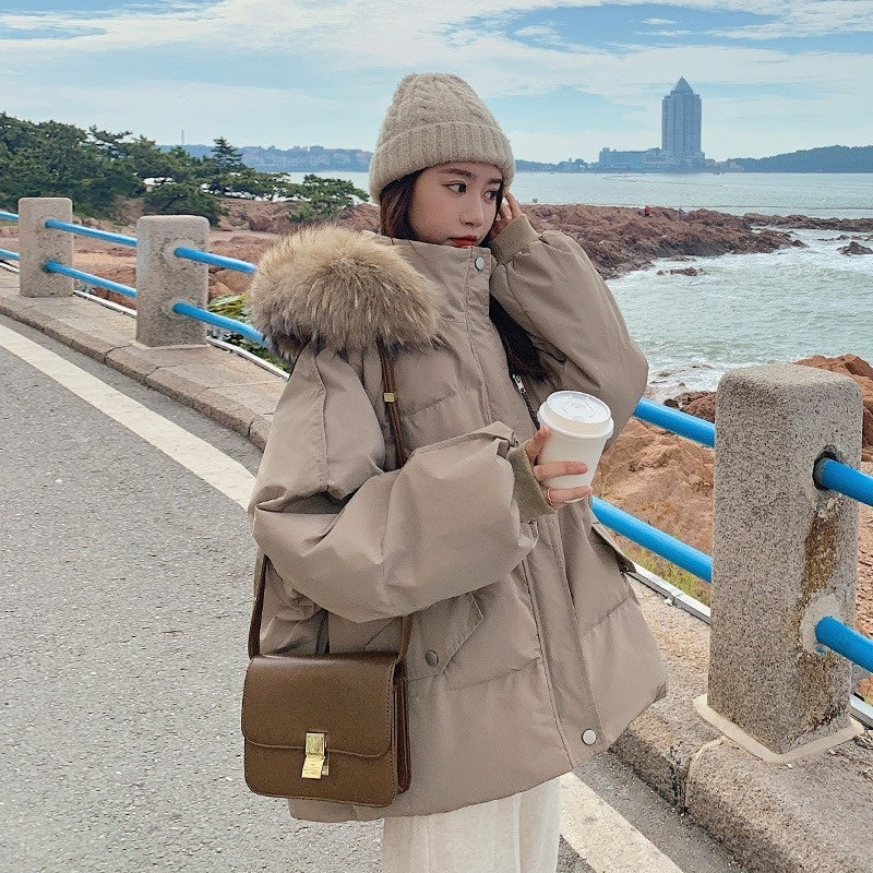 Women's Hooded Solid Color Casual Big Fur Collar Cotton Jacket Women's Hooded Solid Color Casual Big Fur Collar Cotton Jacket