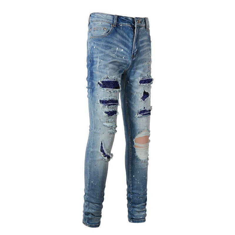 Hot Diamond Speckle Paint Elastic Slim Fit Light Jeans For Men Hot Diamond Speckle Paint Elastic Slim Fit Light Jeans For Men