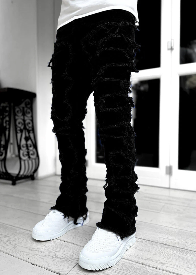 Men Trousers Individual Patched Pants Long Tight Fit Stacked Jeans For Mens Clothing Men Trousers Individual Patched Pants Long Tight Fit Stacked Jeans For Mens Clothing
