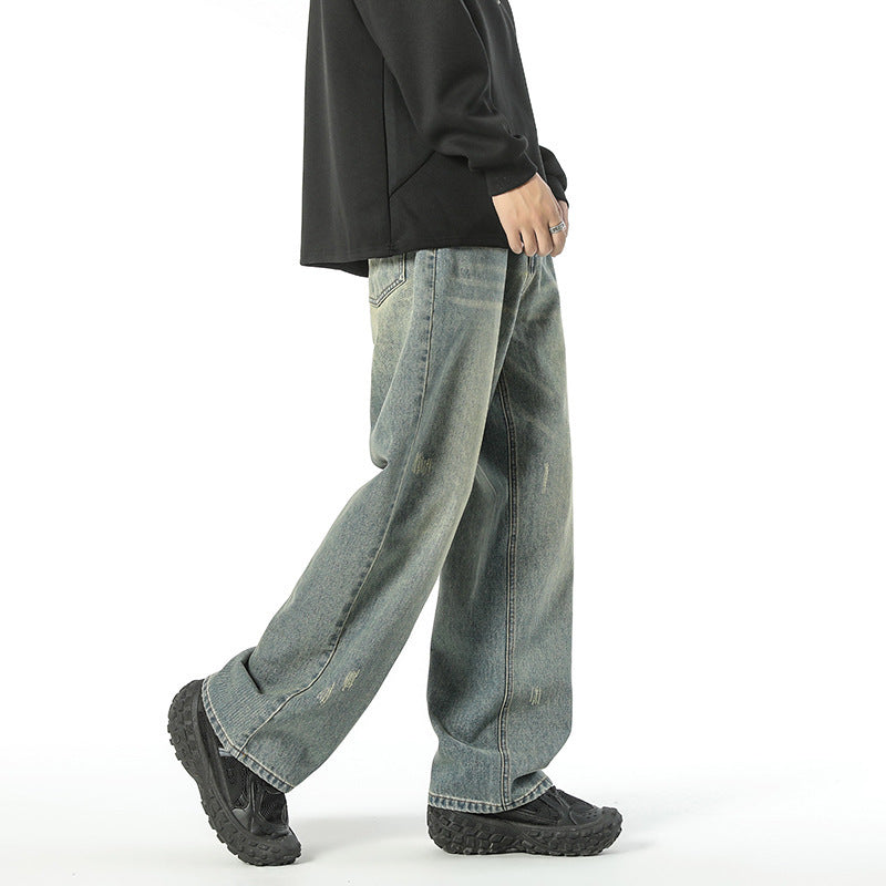 Retro Worn Looking Washed-out Green Blue Jeans For Men Retro Worn Looking Washed-out Green Blue Jeans For Men
