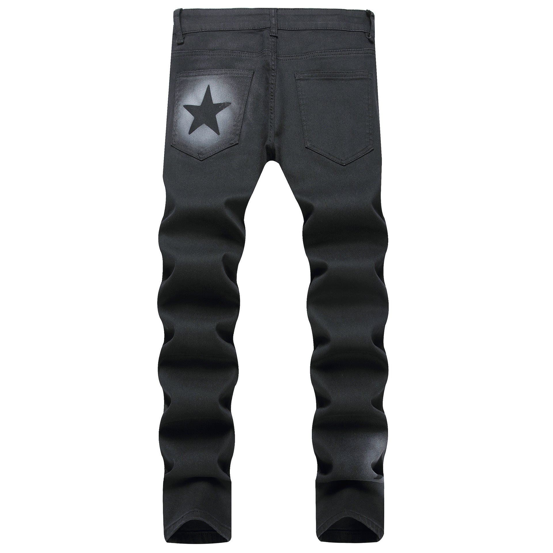 Hand-painted Gun Spray Five-pointed Star Elastic Black Pencil Pants Mid-waist Jeans Men Hand-painted Gun Spray Five-pointed Star Elastic Black Pencil Pants Mid-waist Jeans Men