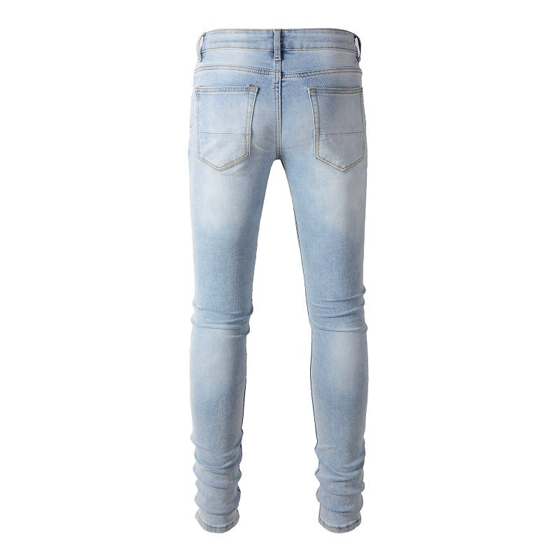 Leather Patched Holes, Elastic Slim Fitting Jeans For Men Leather Patched Holes, Elastic Slim Fitting Jeans For Men