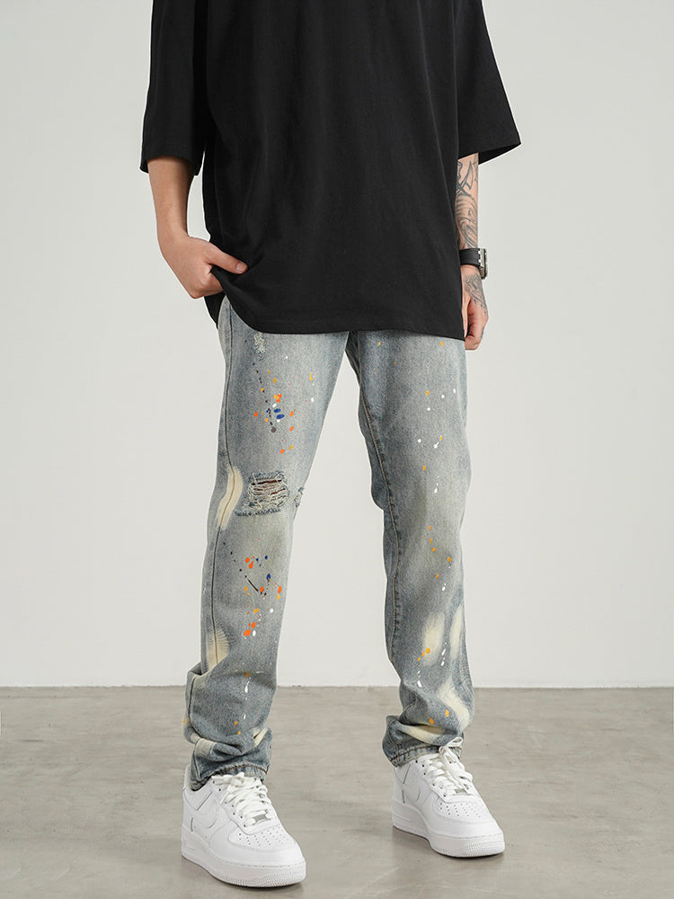 Knife Cut Ink Paint Straight Loose Jeans Men Knife Cut Ink Paint Straight Loose Jeans Men