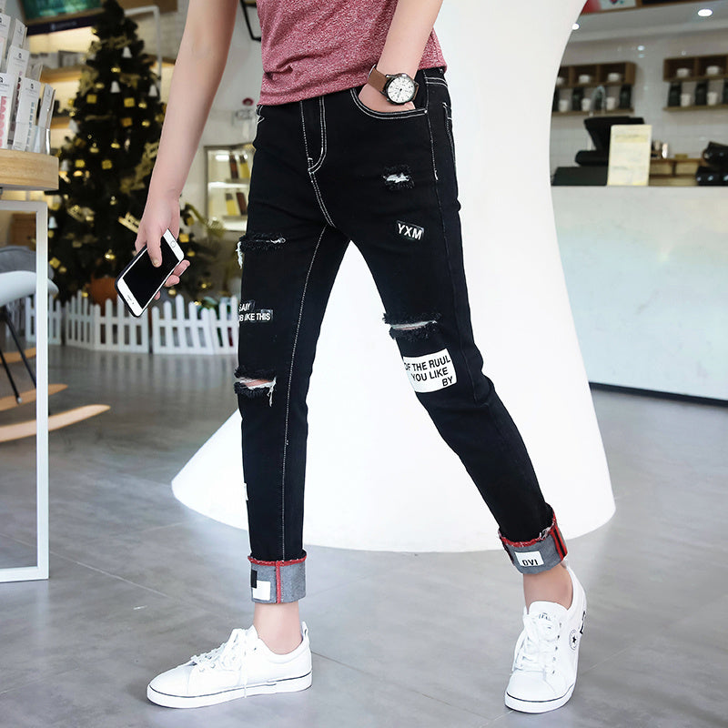 Autumn black ripped ankle jeans men Autumn black ripped ankle jeans men