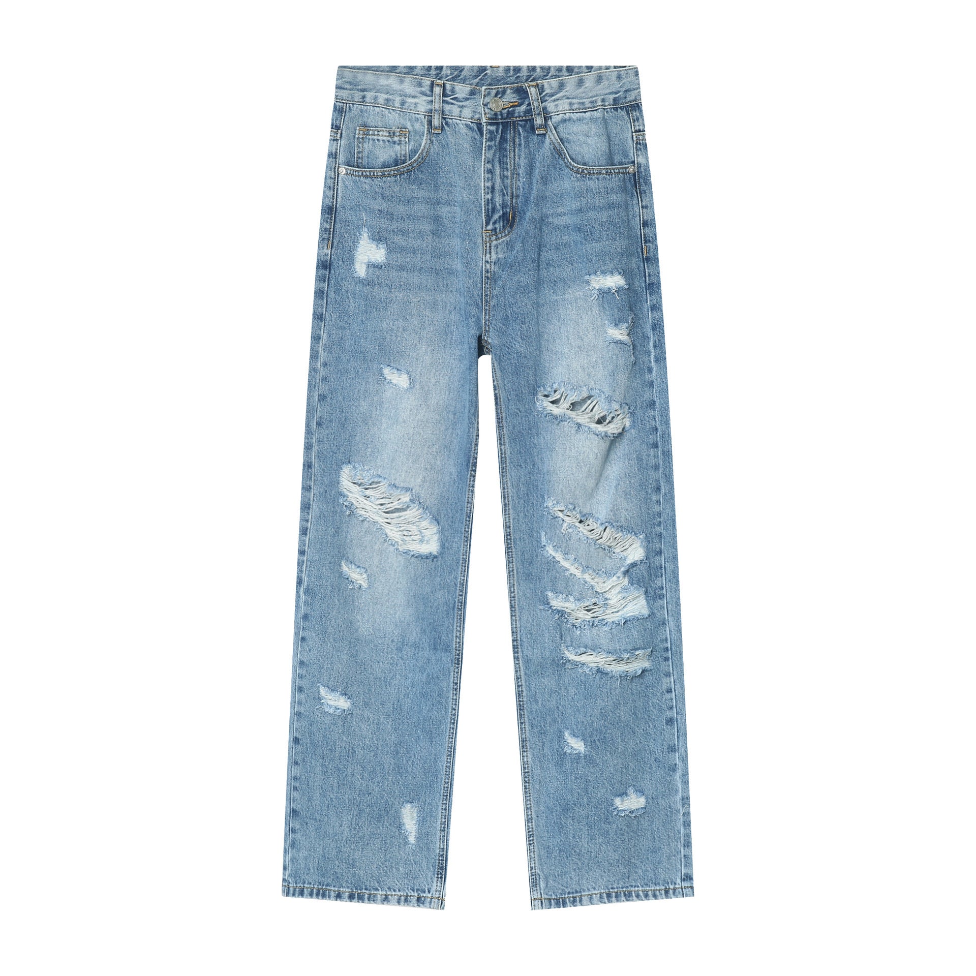 Washed Blue With Holes Straight Jeans For Men Washed Blue With Holes Straight Jeans For Men