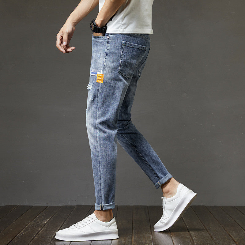 Men's Ripped Denim Slim-fitting Ankle Length Trousers Pants Men's Ripped Denim Slim-fitting Ankle Length Trousers Pants