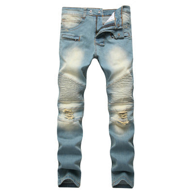 Cross border special for men's zipper, jeans, broken holes, dragging the yellow, nostalgic men, Europe and America high street stretch pants Cross border special for men's zipper, jeans, broken holes, dragging the yellow, nostalgic men, Europe and America high street stretch pants