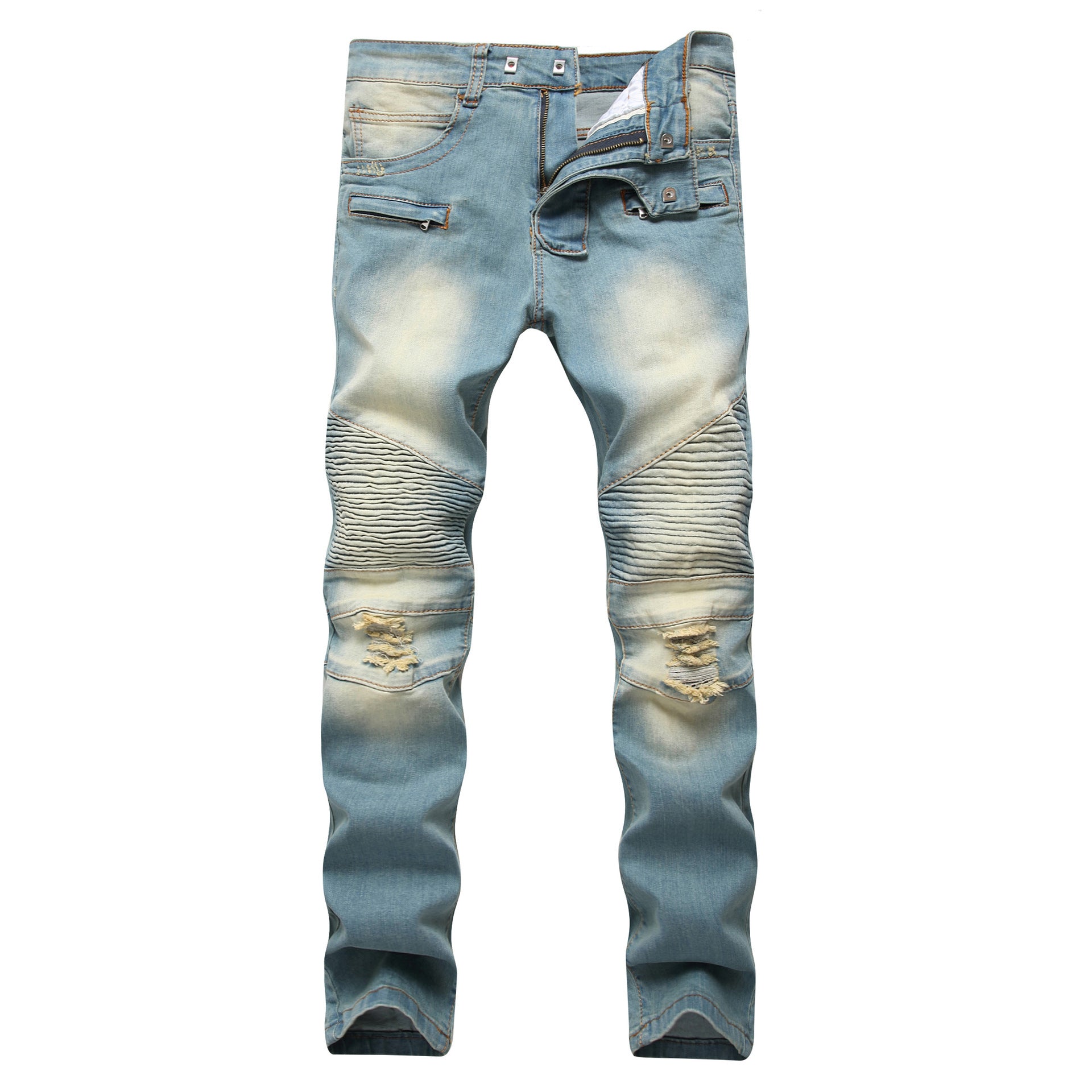 Cross border special for men's zipper, jeans, broken holes, dragging the yellow, nostalgic men, Europe and America high street stretch pants Cross border special for men's zipper, jeans, broken holes, dragging the yellow, nostalgic men, Europe and America high street stretch pants