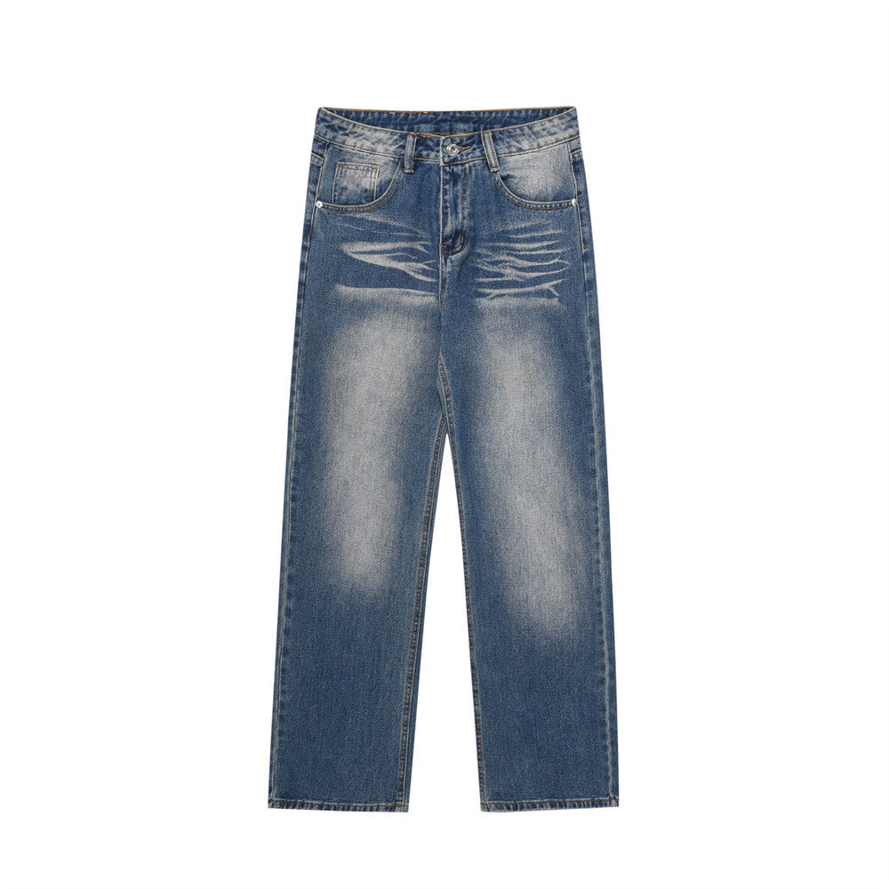 Washed White Pleated Straight Jeans For Men Washed White Pleated Straight Jeans For Men