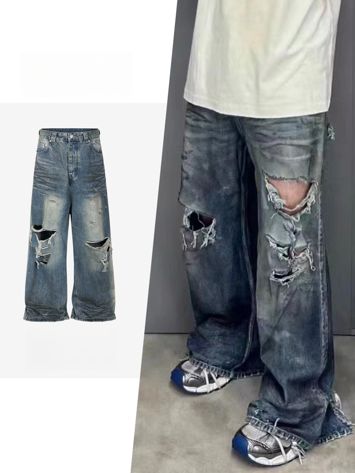 Ripped Big Ripped Men's Retro Washed Distressed Crease Texture Jeans Ripped Big Ripped Men's Retro Washed Distressed Crease Texture Jeans