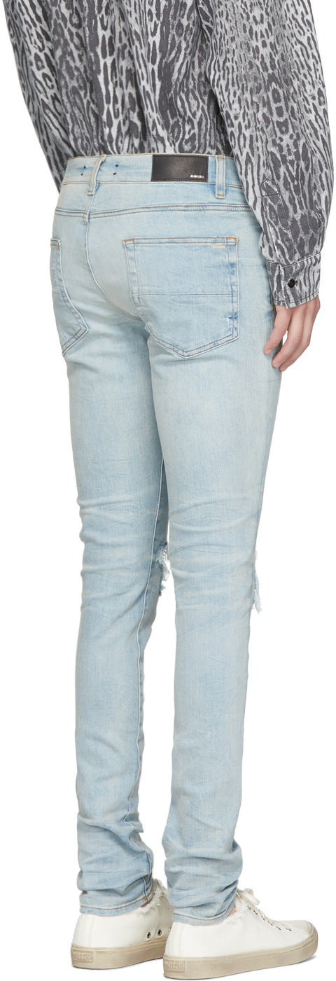 Trendy Brand Jeans Light Blue Ripped Patch Slim Fit Calf Pants Men Trendy Brand Jeans Light Blue Ripped Patch Slim Fit Calf Pants Men