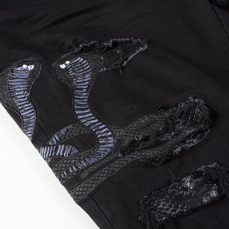 Broken Three Headed Snake Embroidery Patchwork Jeans For Men Broken Three Headed Snake Embroidery Patchwork Jeans For Men