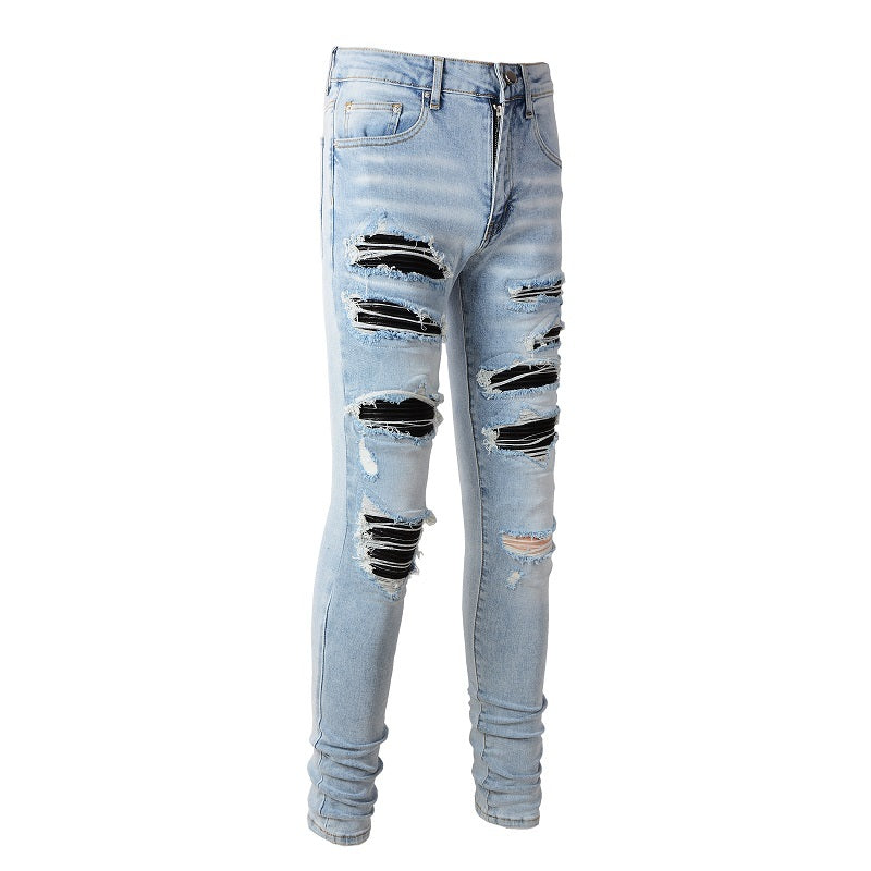Leather Patched Holes, Elastic Slim Fitting Jeans For Men Leather Patched Holes, Elastic Slim Fitting Jeans For Men