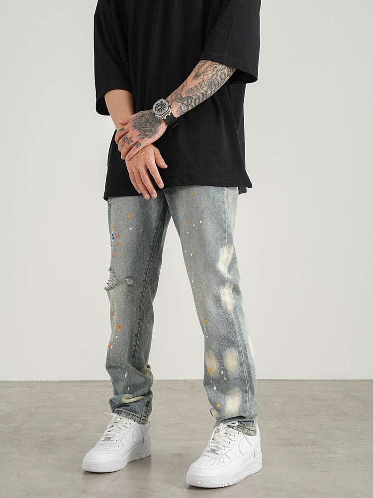 Knife Cut Ink Paint Straight Loose Jeans Men Knife Cut Ink Paint Straight Loose Jeans Men