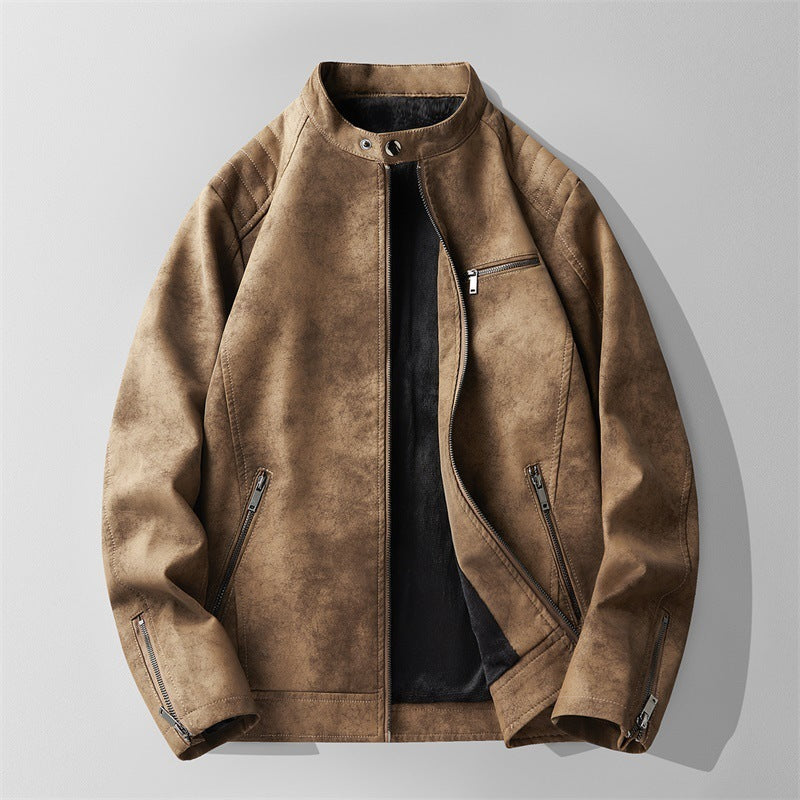 Men's Fleece-lined Slim Fit Handsome Motorcycle Clothing Stand Collar Leather Jacket Men's Fleece-lined Slim Fit Handsome Motorcycle Clothing Stand Collar Leather Jacket