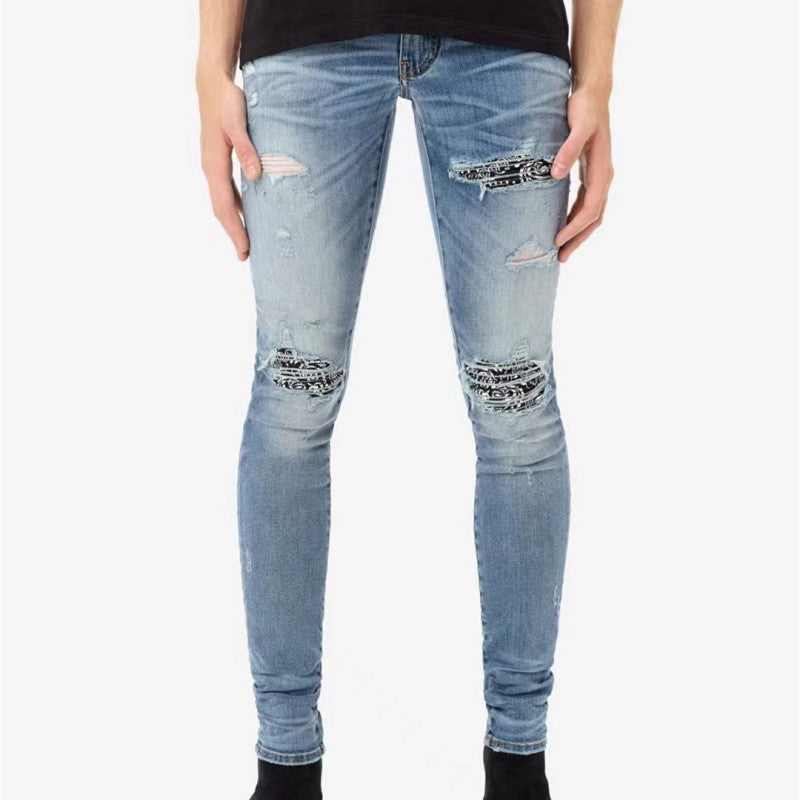 Cashew Flower Printed Patch Slim Fitting Light Colored Jeans For Men Cashew Flower Printed Patch Slim Fitting Light Colored Jeans For Men