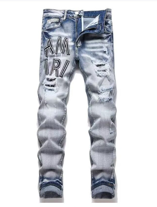 Punk Retro Blue Ripped Slim Elastic Printing Printing And Dyeing Feet Men's Jeans Punk Retro Blue Ripped Slim Elastic Printing Printing And Dyeing Feet Men's Jeans