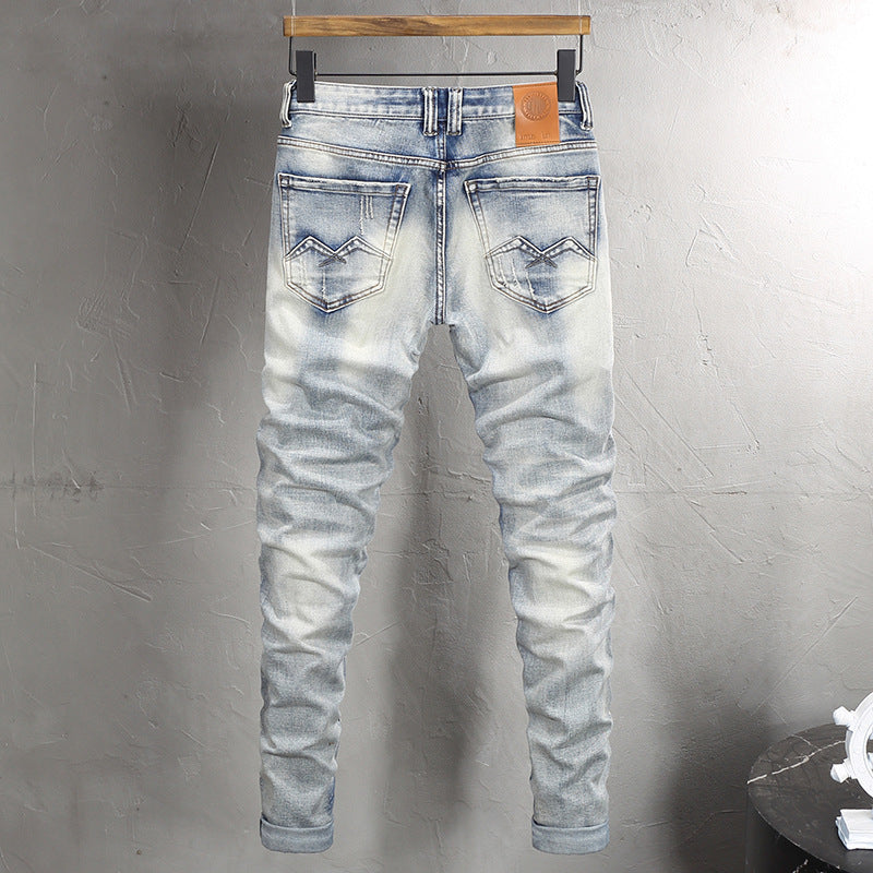 Washed Distressed Pocket Embroidery Personality Worn Slim Trousers Washed Distressed Pocket Embroidery Personality Worn Slim Trousers