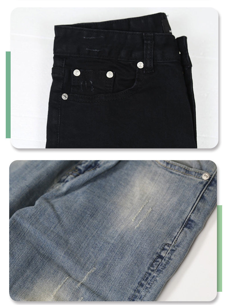 Pure Black Stretch Jeans With Holes For Men Pure Black Stretch Jeans With Holes For Men