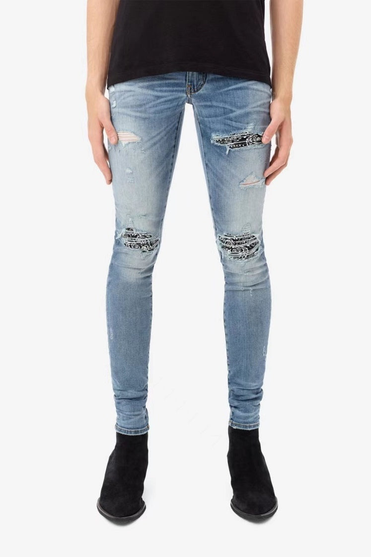 Cashew Flower Printed Patch Slim Fitting Light Colored Jeans For Men Cashew Flower Printed Patch Slim Fitting Light Colored Jeans For Men